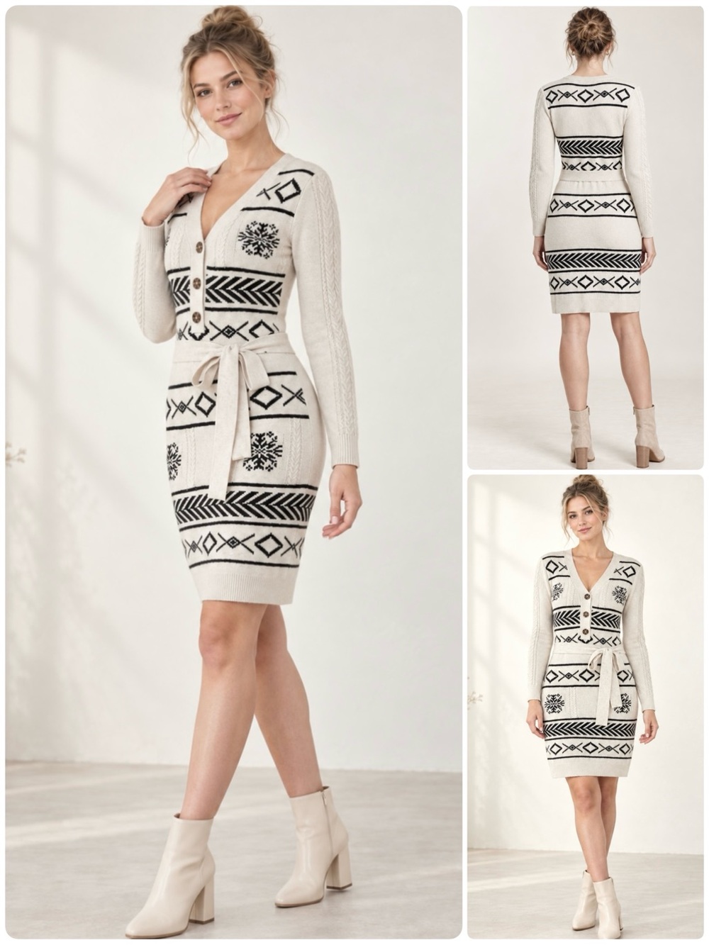 Lucky Brand Sweater Knit Jacquard Dress Long Sleeve Belted V-Neck Three Buttons